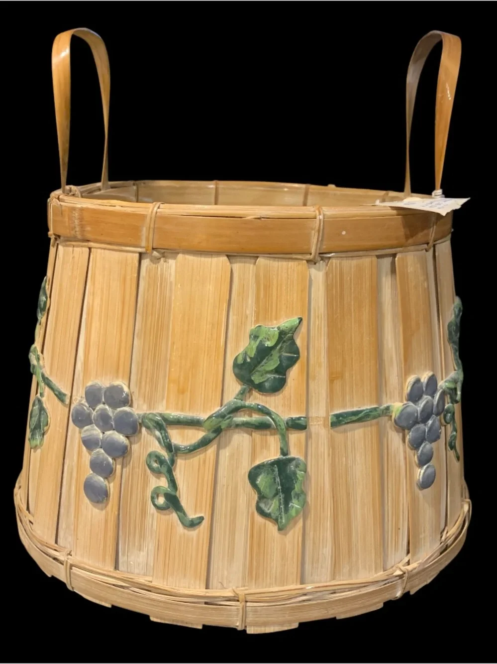 Vintage Bamboo Basket w Raised Gesso Grapevine Double handles Approx 9” T grapes